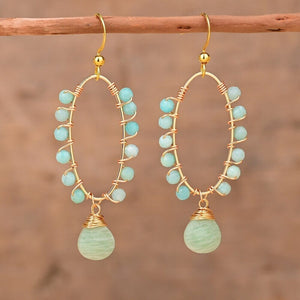 Boucles d'Oreilles Rêverie Tranquille en Amazonite, Pierre de Soleil et Améthyste