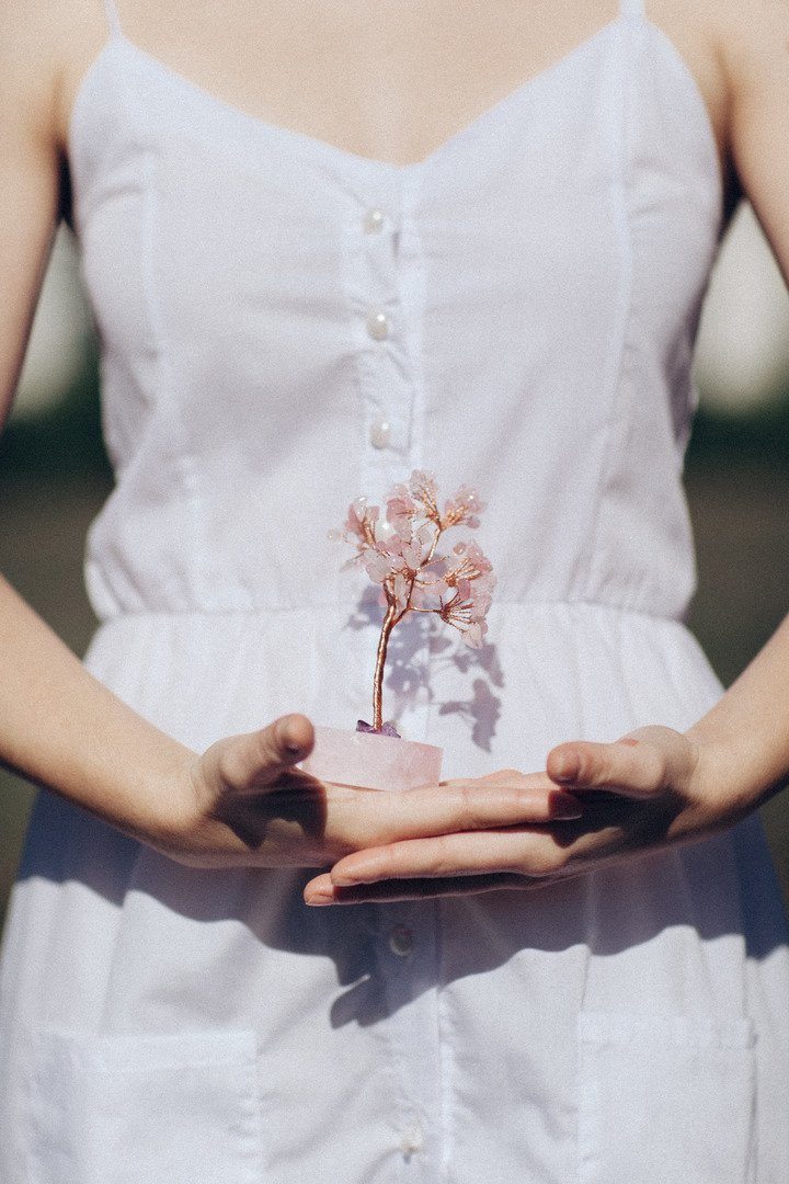 Arbre de Cristal Feng Shui avec Base Pyramidale "Amour et Tendresse" en Quartz Rose