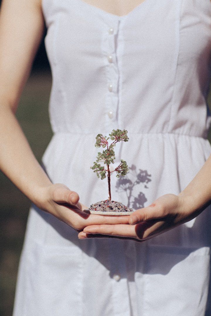 Arbre de Cristal Feng Shui en Quartz Olive avec base ronde - Positivité et Importance