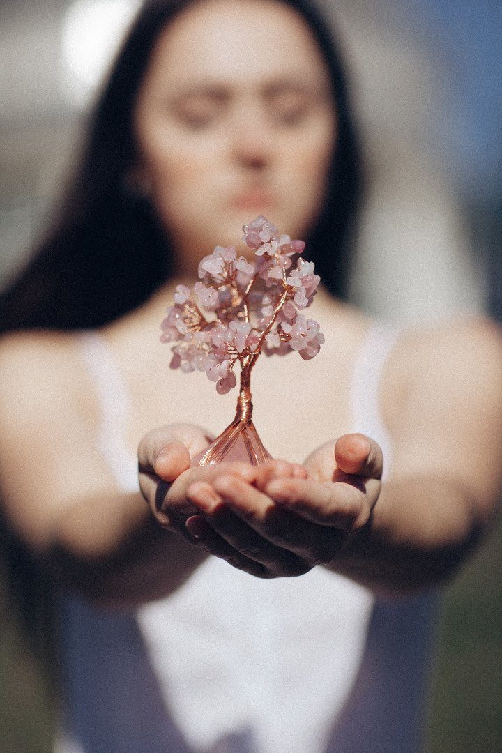 Arbre de Cristal Feng Shui avec Base Pyramidale "Amour et Tendresse" en Quartz Rose