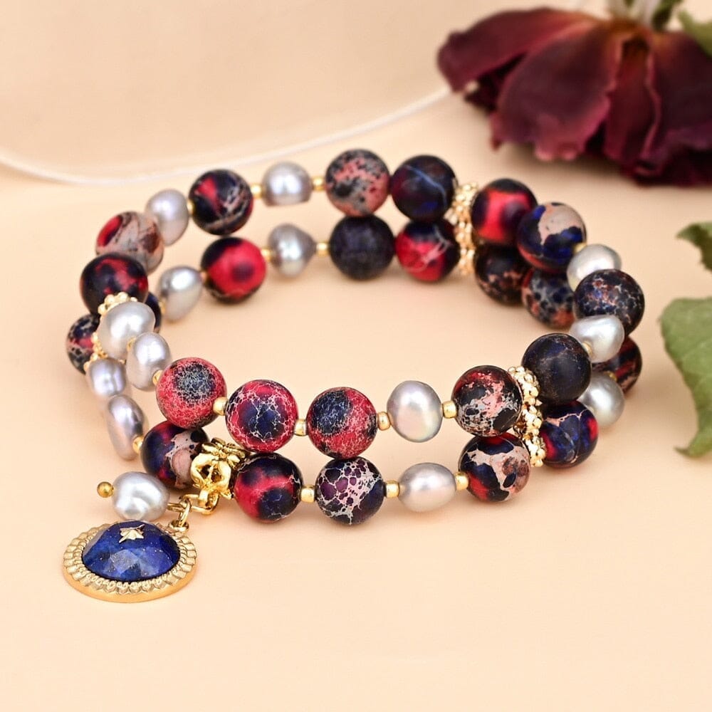 Bracelet Multi-Rangs Solaire en Lapis-Lazuli & Jaspe Rouge