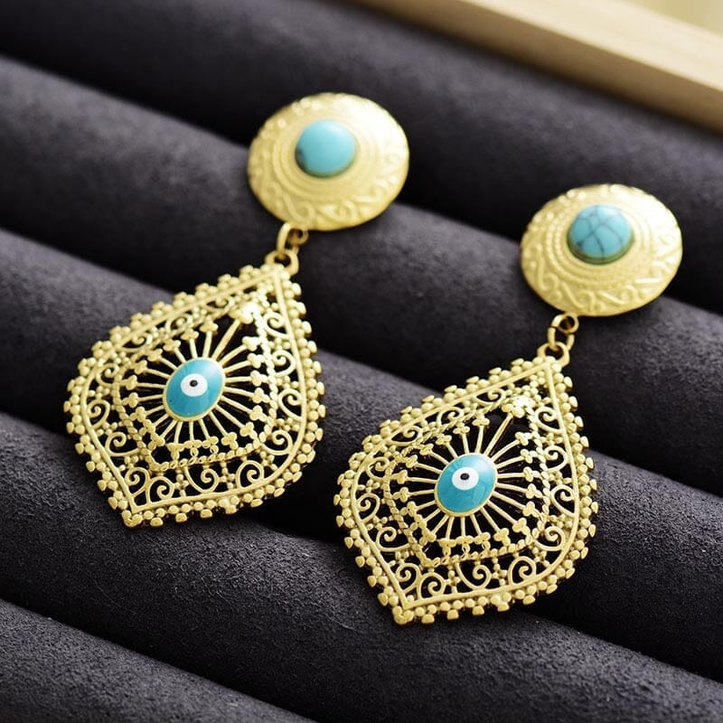 Boucles d'Oreilles de Protection Contre le Mauvais Oeil "Bonne Protection" en Turquoise