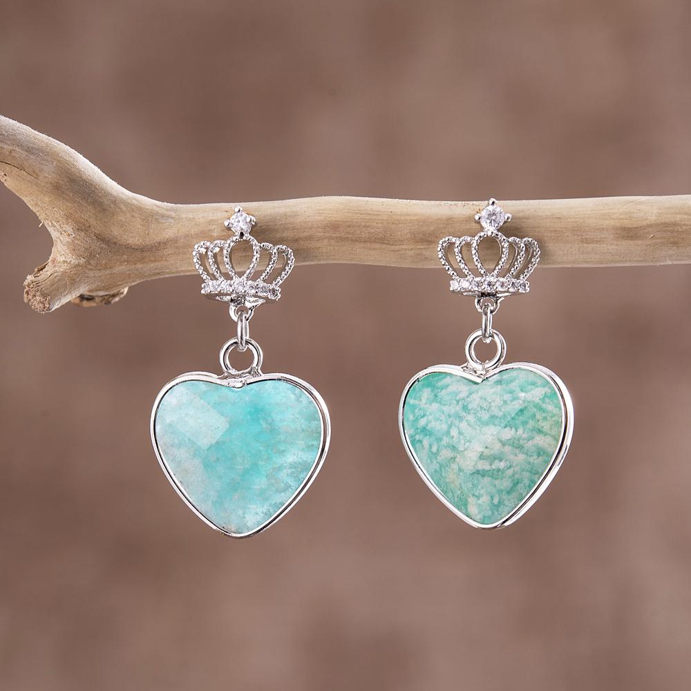 Boucles d'Oreilles Couronne de la Royauté en Coeur d'Amazonite