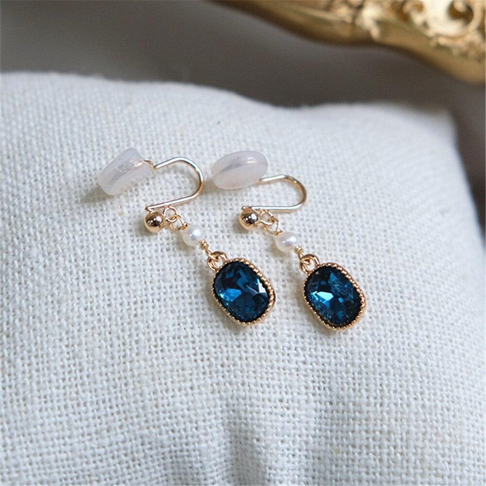 Boucles D'Oreilles À Clip Zircon Bleu Royal Et Perles