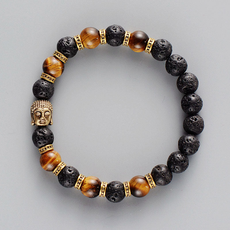 Bracelet Bouddha Terre-à-Terre en Pierre de Lave et Oeil de Tigre