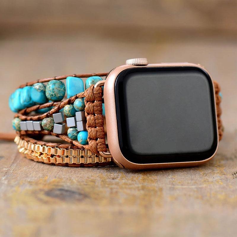 Bracelet d'Apple Watch Bleu en Pierre de Jaspe