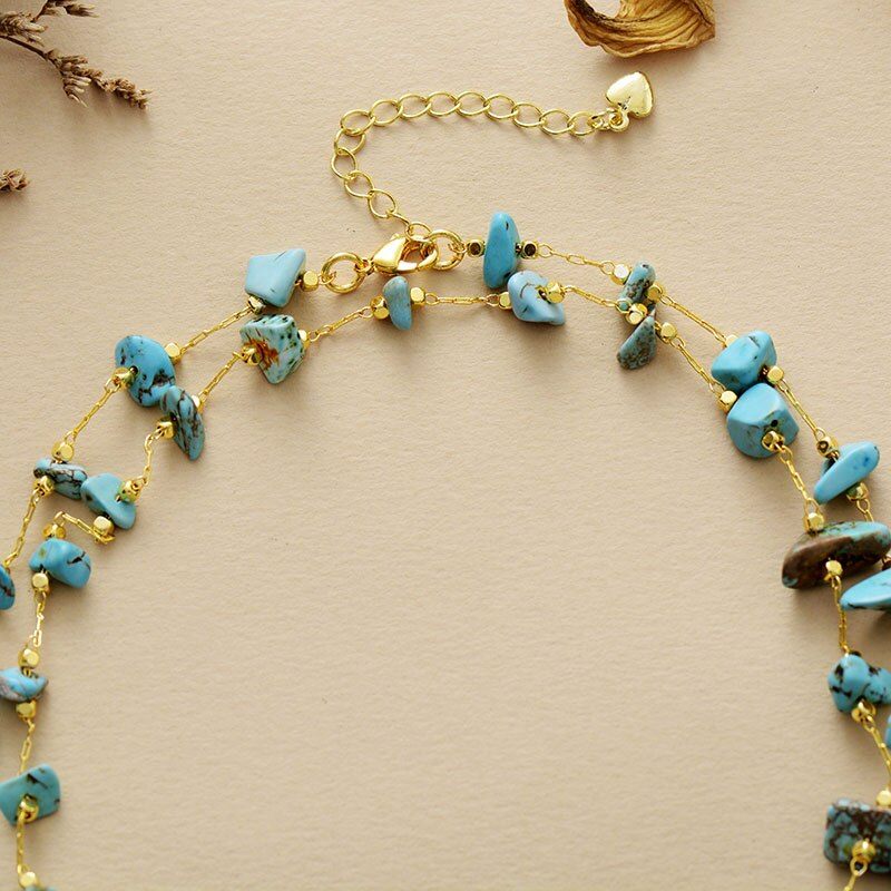 Collier Doré Superposé Délicate Élégance en Turquoise et Quartz Rose