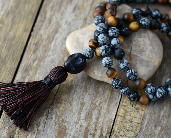 Collier Mala Fondation de la Conscience en Oeil de Tigre et Jaspe