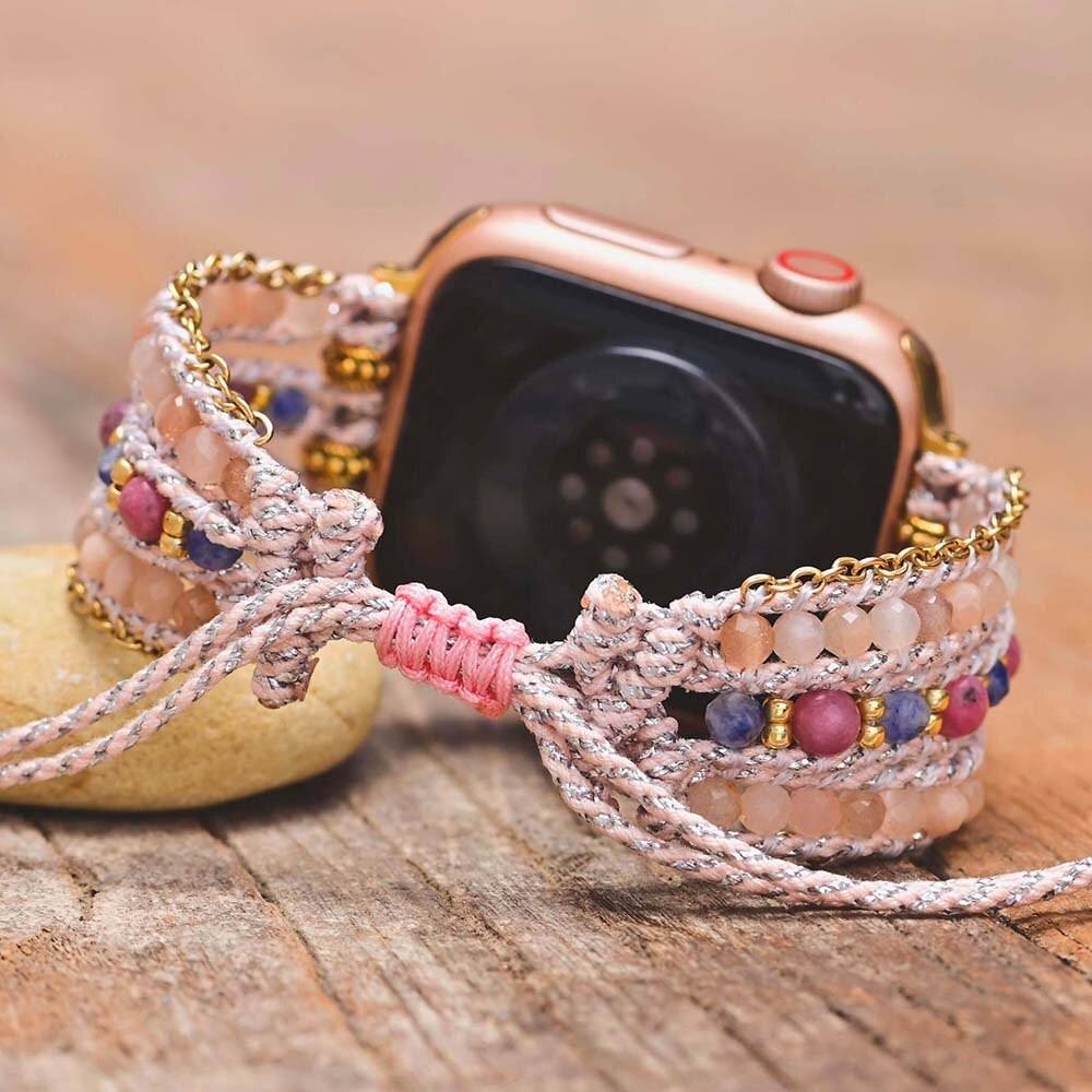 Bracelet d'Apple Watch Délicat Divin en Rhodochrosite en Pierre de Soleil