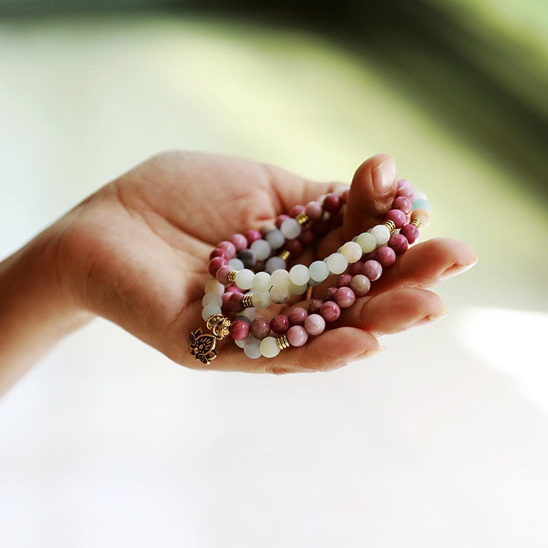 Perles de Mala Lotus "Pure Force" en Amazonite et Rhodonite