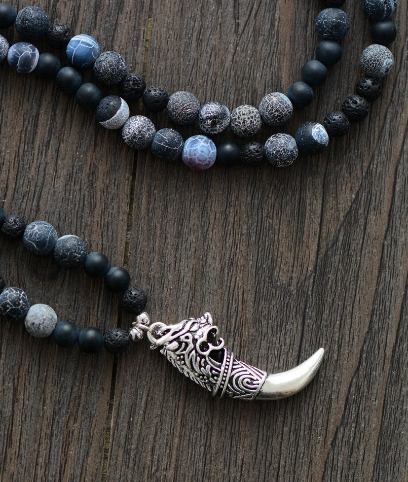 Collier Griffe Force Harmonieuse en Agate Mat et Pierre de Lave