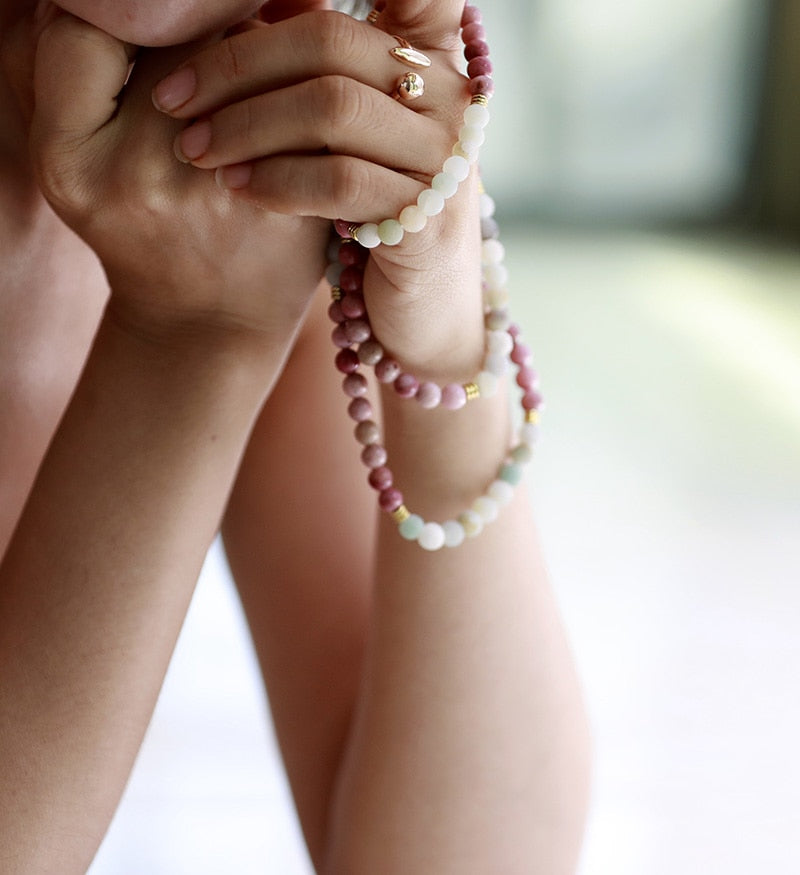 Perles de Mala Lotus "Pure Force" en Amazonite et Rhodonite