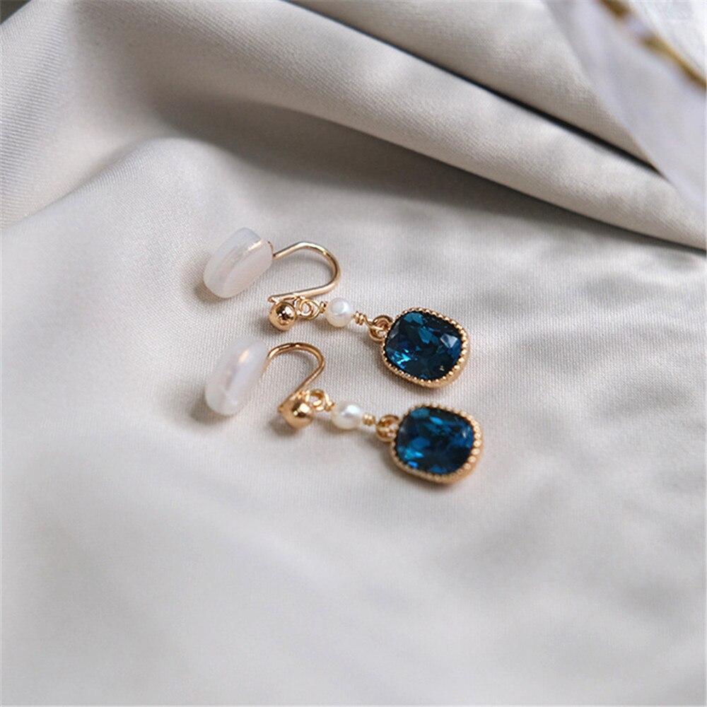 Boucles D'Oreilles À Clip Zircon Bleu Royal Et Perles