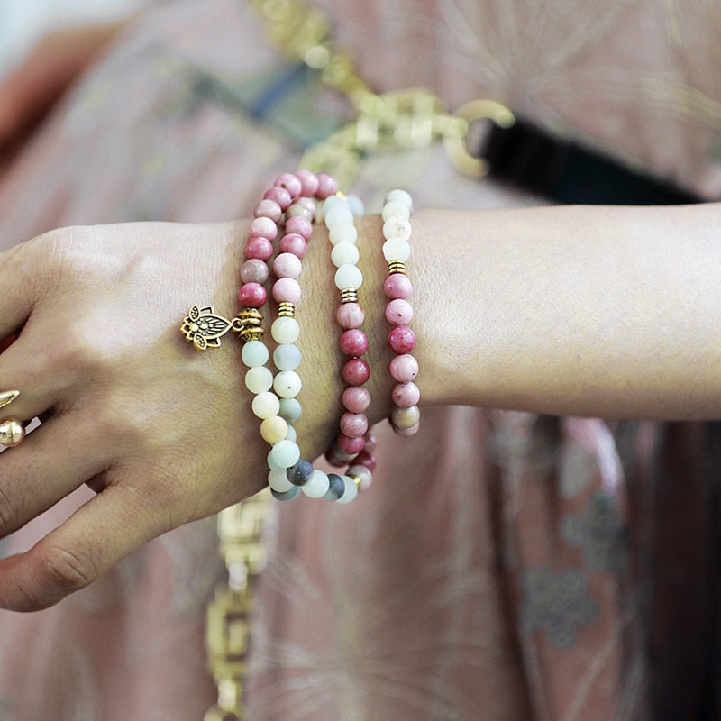 Perles de Mala Lotus "Pure Force" en Amazonite et Rhodonite