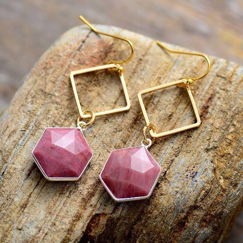 Boucles D'Oreilles Hexagonales Sentiment Amoureux en Rhodonite