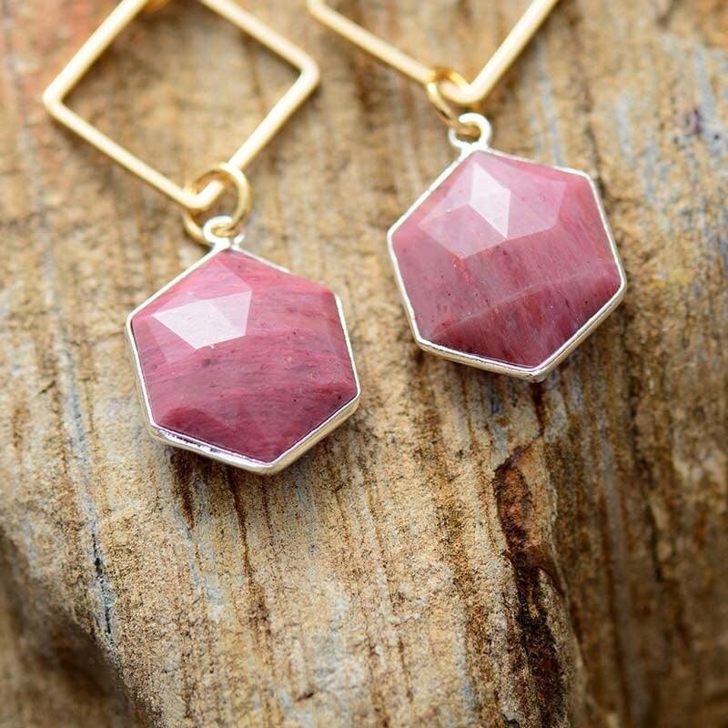 Boucles D'Oreilles Hexagonales Sentiment Amoureux en Rhodonite