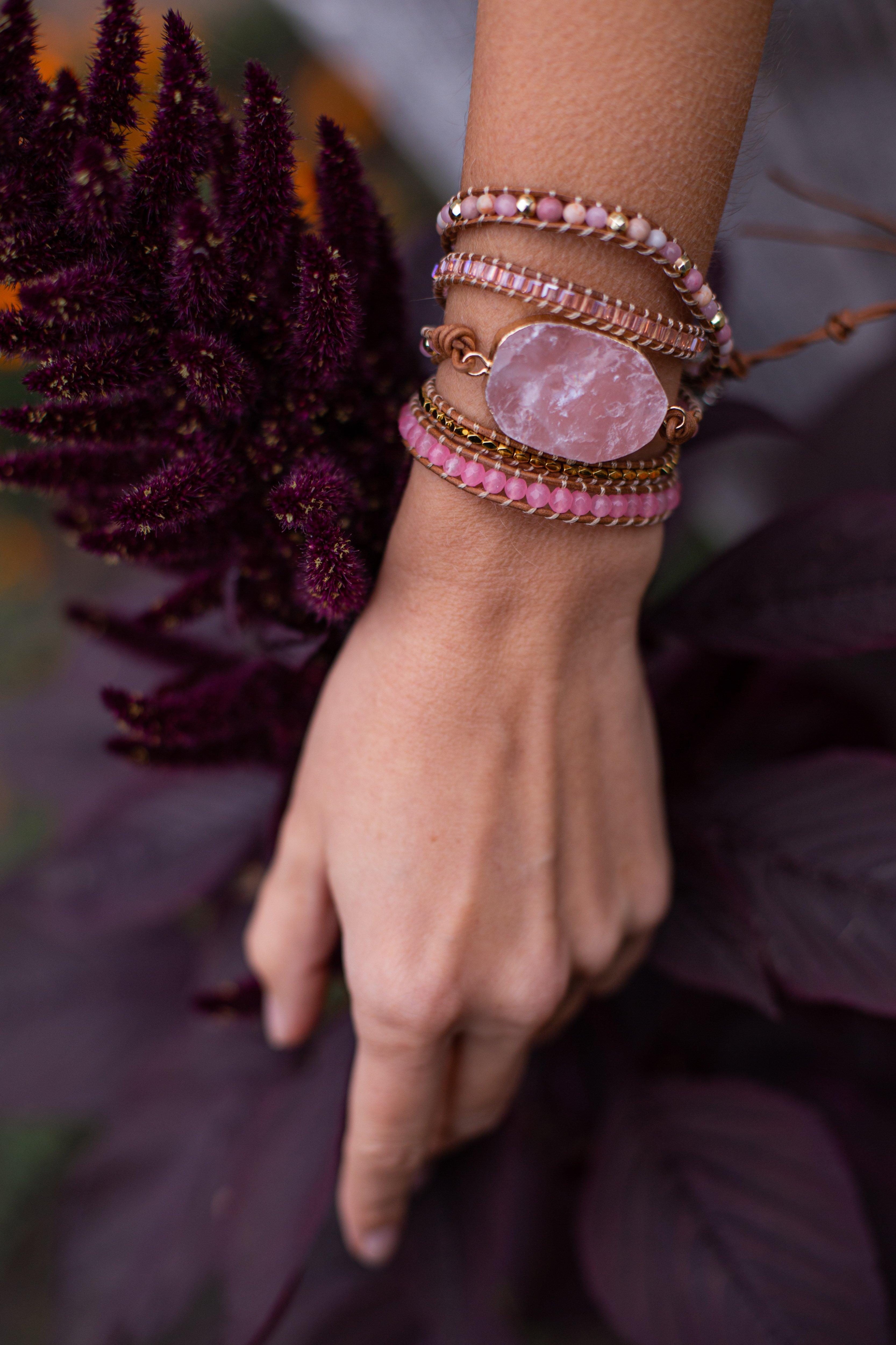 Bracelet Doré en Quartz Rose