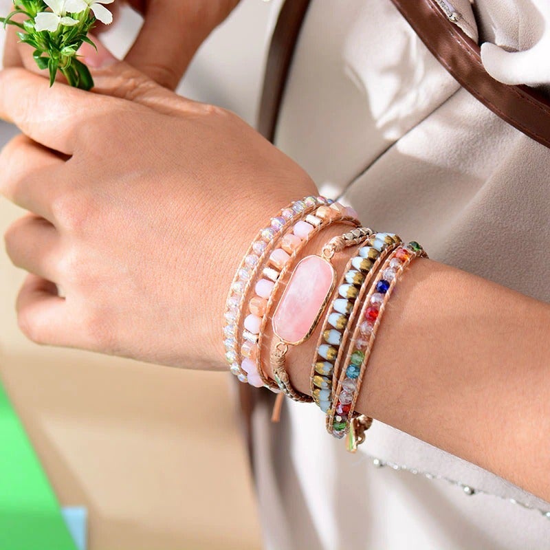 Bracelet Multicouche Amour Rayonnant en Quartz Rose